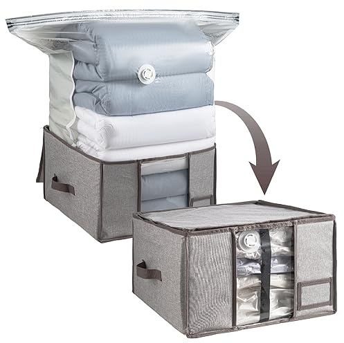 TAILI Vakuumbeutel für Kleidung 2 in 1, Groß Faltbar, 40x42x25 CM, Grau | Mit Aufbewahrungsbox für Bettdecken, Bettwäsche, Unterbettkommoden, Platz Sparen 80%, Vakuumierbeutel