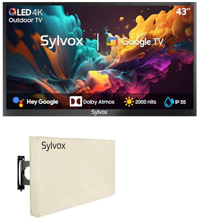 SYLVOX 43 TV Extérieur avec Housse - 4K UHD QLED 2000Nits, Smart Google Outdoor TV Étanche IP55, DVB-T2/S2/C, Google Assistant - pour Pool, Jardins, Terrasse (Pool Pro 2.0 QLED)
