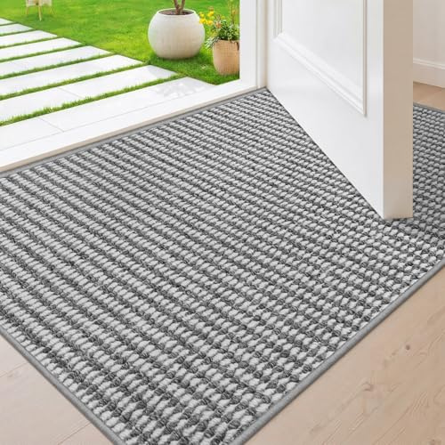 BEISIFLOOR Fußmatte Innen 50 x 80 cm, Waschbar rutschfest Schmutzfangmatte Innen, Fussmatte, Eingangstürmatte, Dünne Türmatte Strapazierfähige Teppich für Haustür, Innenbereich, Grau Weiß (Falten)