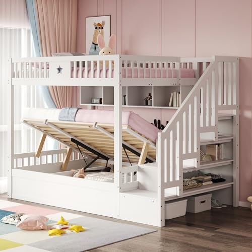 Trdlpyn Letto a Castello in Legno 140x200CM con Scale di stoccaggio e Ripiani, Contenitore Idraulico Sotto il letto, Letto a Soppalco per 2 Ragazzi con Rete a Doghe(Senza Materasso)