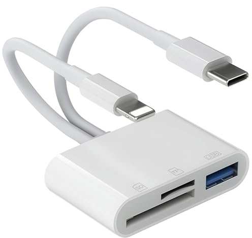 SD Card Reader 3 in 1 Card Viewer Reader Dual Connectors Lighit-ning and USB-C to Micro SD & SD Dual Slot and USB Port TF Memory Card Reader Adapter Plug and Play Camera Card Viewer