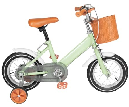 BJTDLLX 12 tums barncykel med främre korg och stödhjul, flickor och pojkar barncykel för 2–4 år, 3-hjul utomhus cykel springcykel, justerbar höjd 60–70 cm (grön)