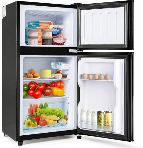 Merax Retro Kühlschrank mit Gefrierfach – Kleiner Mini Kühlschrank, 60L Gesamtvolumen, 22L Gefrierfach, 38L Kühlfach, 7 Temperaturstufen, Energieeffizienzklasse E, LED-Licht, Premium Schwarz