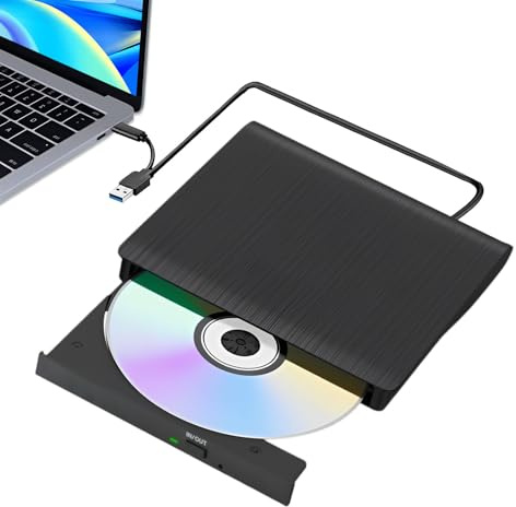 Lecteur CD DVD Externe USB 3.0 Type C pour PC, Graveur DVD Externe Portable | Lecteur CD Externe avec Câble Intégré pour Windows MacOS Linux Laptop MacBook iMac,Plug and Play