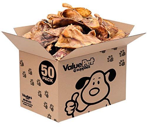 ValueBull Whole Pig Ears for Dogs, 100% Pork Chews, 50 Count Bulk Pack - All Natural & Healthy, Fully Digestible, Single Ingredient, Cleans Teeth