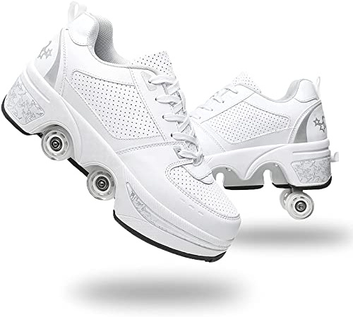 Double-Row Deform Wheel Automatic Walking Shoes Invisible Deformation Roller Skate 2 in 1 Removable Pulley Skates Skating Parkour (White Silver, US 10.5)