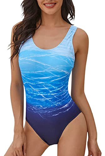 heekpek Femme Maillot de Bain 1 Pièce Chic Imprimé Coloré Monokini Vintage Taille Haut Push Up Sexy Maillot Bain 1 Piece Grande Taille, Bleu, Taille L