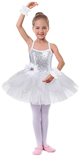 Niño Niña Vestido de Ballet sin Mangas Lentejuelas Traje de Ballet, Tutú, Brillante, Falda de tul, Ropa de Ballet, Bailarina, Disfraz Deportivo, Blanco, 9-10 Años