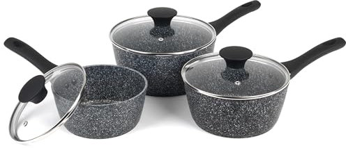 Salter BW11460BRMFOB Megastone Lot de 3 casseroles thermiques avec couvercles, antiadhésif, résistant à la corrosion et aux rayures, indicateur de chaleur, sans danger pour les ustensiles en métal,