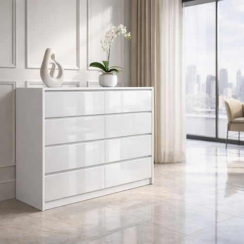 Harmin Handleless High Gloss 8 Drawer Sideboard/Cupboard/Buffet Solo/Chest (White)