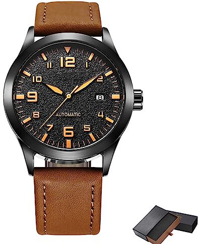 Tri-Aroute Mechanische Uhrwerk Automatikuhr mit Lederarmband Klassische Herrenuhr Analoge Automatikuhr mit Textilarmband,Braun