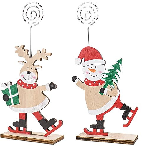 GEBETTER 2 Packs Christmas Table Place Card Holder Snowman Elk Styles Christmas Photo Picture Display Decor Number Name Table Holders for Christmas Xmas Decorations