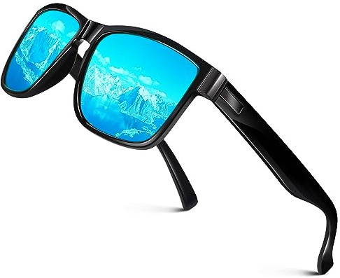 LINVO polariserade solglasögon män kvinnor speglade fashionabla UV400 skydd körning fiske CAT 3 CE, Glänsande svart ram | Blå lins, Medium