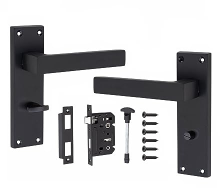 Golden Grace Straight Delta Bathroom Door, Matt Black, 1 Pair 150mm | Includes a 64mm mortise lock and WC hardware set with a corrosion-resistant matt black finish on a zinc base.