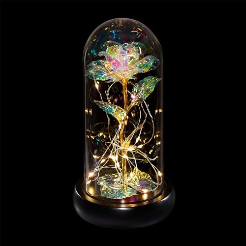 Relaxdays Ewige Rose im Glas, LED-Beleuchtung, HD: 22x11 cm, Kunstrose als Mutter- & Valentinstaggeschenk, Galaxy, bunt