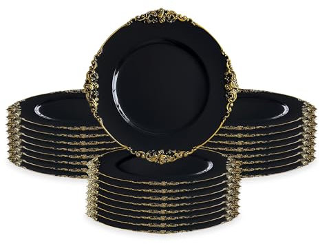 MYEventProducts 24 Pack | 13 inch Antique Black Charger Plates | Fancy Charger Plates for Wedding Reception| Heavy DutyPlastic, Durable & Sturdy Chargers for Dinner Plates | Party Supplies (BLACK)