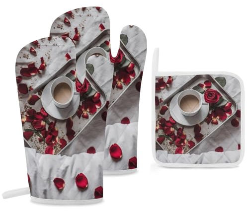 Ofenhandschuhe und Topflappen, hitzebeständig, Ofenhandschuhe und Topflappen, Kaffeetasse und weißes Bett, Grillhandschuhe, heiße Pads, Kochhandschuhe für Küche, Backen, Grillen, 3-teilig