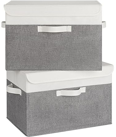 GRANNY SAYS Cloth Storage Boxes with Lids, Pack of 2 Lidded Storage Boxes Large for Shelf Organising, Top of Wardrobe Organisers with Lids Pretty, Closet Space Saving, White&Grey, 43 x 30 x 29 cm