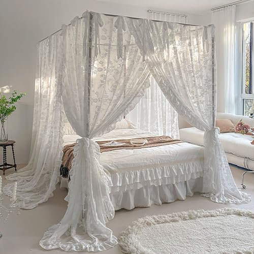 BAILEYU Prinzessin Moskitonetz für Bett 4 Poster Weißes Bett Baldachin mit Runder Spitze Ideal für Schlafzimmer Dekorative Oder Theme Party (Pole Nicht Enthalten),White, 1.8 * 2.2m