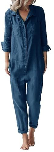 Overall Damen Kuschelig Baumwolle | | V-Ausschnitt Kostüm Jumpsuit Mit Taschen Stoffhose Revers Einreihiger Workout Einteiliger Langarm Locker Strampler