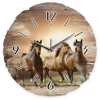 Kreative Feder Runde Wanduhr „Wilde Pferde“ aus Naturholz mit flüsterleisem Uhrwerk; Durchmesser 30cm (Wilde Pferde, leises Quarzuhrwerk)