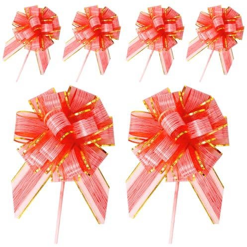 Confezione da 6 fiocchi da tirare Fiocchi da 6,3 pollici per confezioni regalo Fiocchi rossi per confezioni regalo. Grandi fiocchi per confezioni regalo. Nastro nuziale (rosso)