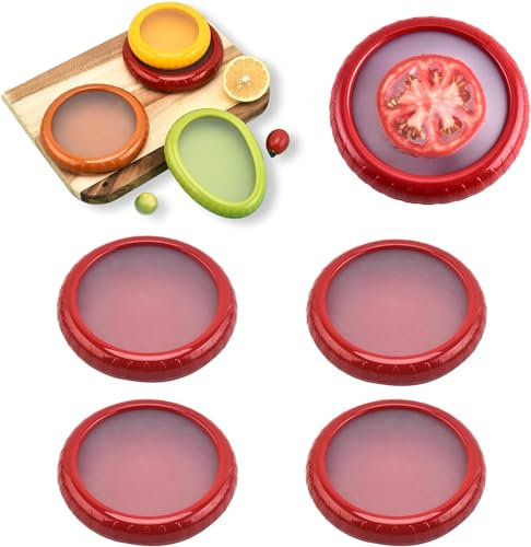 Contenitore riutilizzabile per frutta e verdura, 4 pezzi, in silicone, con coperchio, per Foronion, limone, avocado, pomodoro, verdure per mantenere la freschezza degli alimenti (rosso, confezione da