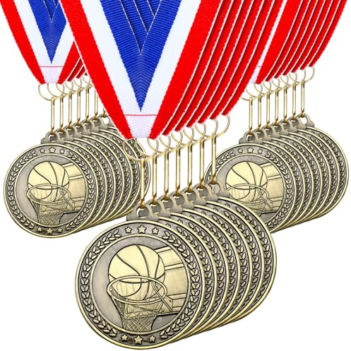 Remuuly 30 Pcs Gold Medals Bulk 2'' Basketball Soccer Baseball Volleyball Football Lacrosse Kickball Cheer Bowling Trophy Medals for Awards for Sports Participation Winner Gift(Gold,Basketball)
