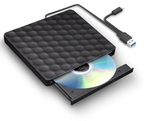 FSDJIMBB Lecteur CD/DVD Externe pour PC, USB 3.0 Type C Graveur Enregistreur Portable RW/ROM Mince Transmission Rapide Câble USB Intégrée Windows/Mac OS/iMac/Macbook/Laptop/Desktops/PC