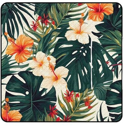 ZLFDSKGY Picknickdecke, Hawaii-Blume, Palmenblätter, bedruckt, wasserdicht, faltbar, große Picknickdecke, praktische Matte mit Reißverschlusstasche für Camping auf Gras