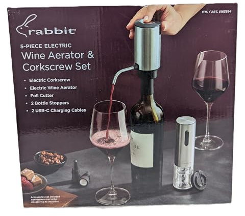 Rabbit Juego de herramientas eléctricas para vino, colección de accesorios de vino de 5 piezas, aireador, sacacorchos, cortador, tapones, cables de carga