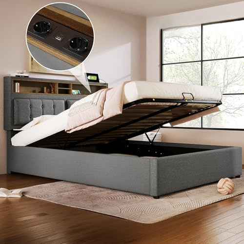 Autheria Bett 140x200 mit USB C Ladefunktion, Polsterbett 140x200 mit Stauraum und Kopfteil, Doppelbett mit Lattenrost, Jugendbett Stauraumbett Bettgestell aus Leinen Grau
