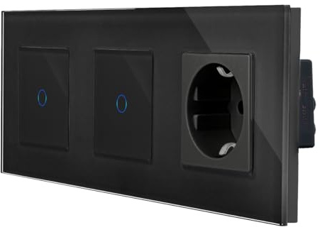 Luxus-Time 3-fach Rahmen mit 2x Touch Lichtschalter und Schuko Steckdose für Unterputz Einbau Doppelschalter Sensor Schalter (Glasrahmen 2x Lichtschalter + Steckdose, Schwarz)