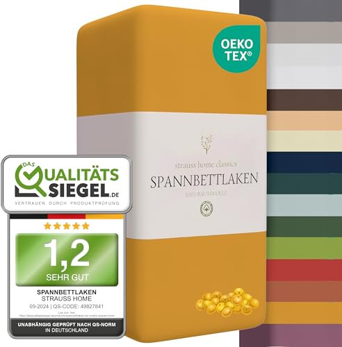 Strauss Home® Jersey Spannbettlaken Spannbetttuch Bettlaken 100% Baumwolle 140x200-160x200 cm (Senfgelb/Safran)
