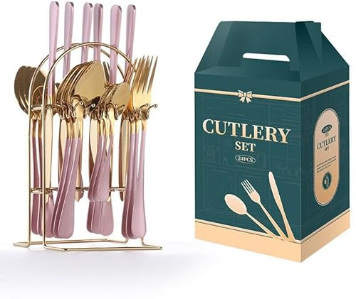 FATASH Cutlery Set with Stand (Pink Gold, 24 Piece) Stainless Steel Cutlery Set for 6 People, Dishwasher Safe Mirror Polished Knives, Forks, Spoons & Teaspoons with Hanging Organiser - Gift Box