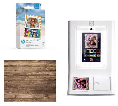 HP Sprocket Photo Booth Machine Instant Color Photo Printer (White) + Zink Paper (100 Sheets) + Vintage Wooden Wall Backdrop (1)