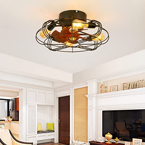 Black Flush Mount Industrial Fans with Lamps and Remote Silent Dc Retro Caged Ceiling Fan with Light Reversible 6 Speed Timer Vintage Ceiling Fan Chandelier for Bedroom Bar