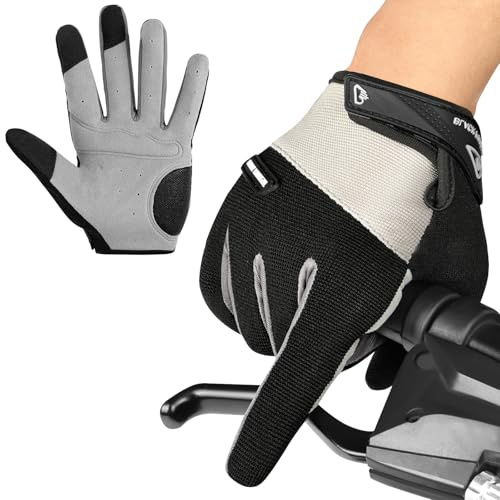 BUTBU Cycling Gloves, Full Finger Riding Gloves for Men Women, Anti-slip Touchscreen Mountain Bike Gloves, MTB Gloves with Padding for Cycling Biking Driving Road Racing (Size L, Gray)