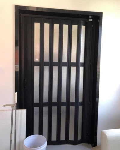 Concertina Door, Black Folding Door with Frosted Acrylic Glass, Plastic Sliding Door with Metal Top Track & Handle, Foldable Privacy Screen Door for Room Divider(72x80in (183x203cm))