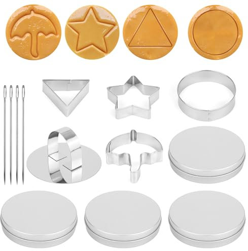 Gosknor 13pcs Stainless Steel Cookie Cutters, Korean Sugar Candy Making Tools Umbrella Triangle Star Round Biscuit Molds with Pressure Plate & Box Baking Kit for Party Challenge Game