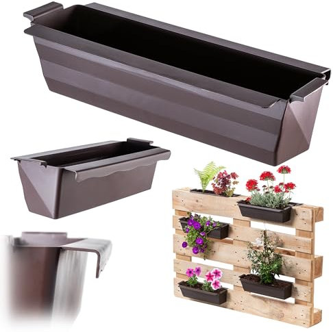 KADAX Juego de 10 jardineras para palés con sistema colgante, 37 x 9 cm, marrón, para plantar y decorar como jardinera de balcón, jardinera para palé europeo, inserto de maceta y maceta en jardines de