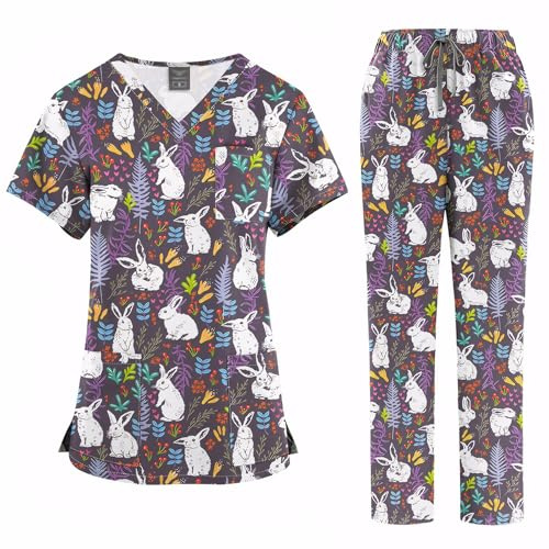 Meichoon Medical Scrubs For Healthcare Workers Cartoon Print V Neck Short Sleeve Two Pocket Polyester Lightweight Year Round Work Set DK73