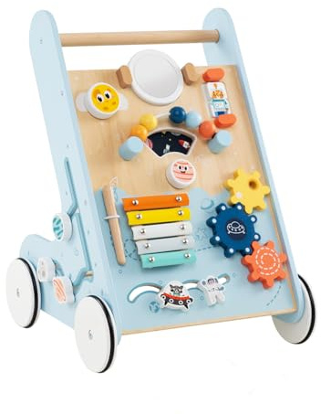 GOPLUS Lauflernwagen Holz, Weltraum Baby Lauflernhilfe ab 1 jahr, Laufwagen mit Montessori Spielzeug, Laufspielzeug mit Rädern, Aktivitätszentrum zum Schieben & Ziehen, für Jungen & Mädchen (Blau)
