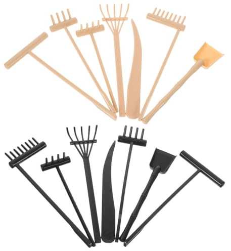 BESTonZON Juego De Mini Rastrillos De Jardín Zen Para Mesa De Arena y Manualidades, 14 Piezas De Plástico Ligero En Negro, Amarillo y Beige, Accesorios Compactos Para Decoración y Jardinería Artística