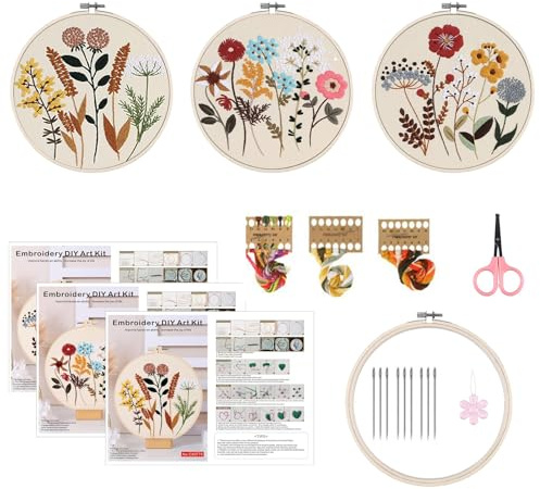 OutALIZ 3 uppsättningar broderistygn övningsset, broderistartkit för nybörjare, blommönster, broderiset med 1 styck broderiram, färgade trådar, instruktioner och verktyg, för gör-det-själv-konst