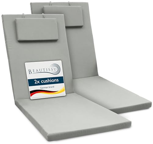 Beautissu 2er Set Gartenliege Auflage Sonnenliege UV-beständig Polster | 200x60x5cm Hellgrau Liegestuhl Liegenauflage Gartenmöbel Polsterauflagen UV-Beständige Sonnenliegen Reißverschluss Loft RL