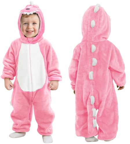 DiULi Unisex Baby Toddlers Romper, Winter Hooded Romper, Flannel Animal Hooded Rompers Jumpsuit, Kid's&Toddler's Costume Outfit, Dinosaur Front zipper One Piece Long Sleeves
