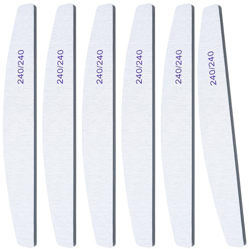 6Pcs Washable Professional Nail Files, 240/240 Grit Double Sided Nail Files | Nail File for Natural Gel and Acrylic Nails, Half-Moon Fingernail File Manicure Tools Nails Buffing Block for Home Salon