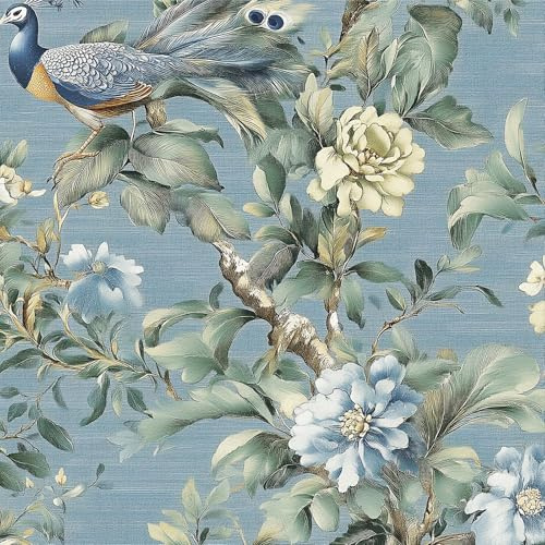 Carta da parati autoadesiva con motivo floreale blu, 44 x 600 cm, con uccelli e fiori, pellicola decorativa rimovibile per mobili