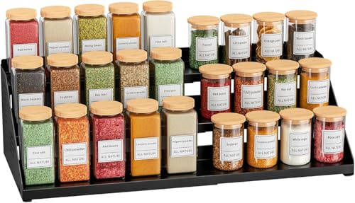 GAGUIUP Gewürzregal mit 3 Ebenen, Küchenregal-Organizer, Gewürze Organizer, Erweiterbar Metall Schrank-Organizer Küche von 34cm bis 55cm, für Arbeitsplatte, Küche, Esszimmer-schwarz